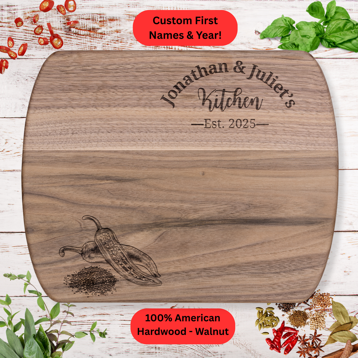Personalized Couple's Cutting Board. Custom Names and Year with Chili Design.