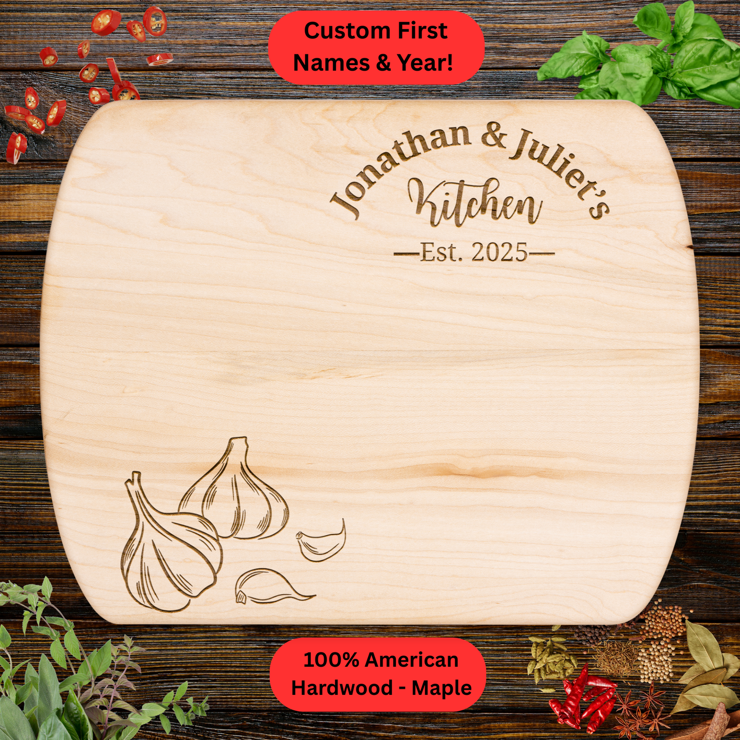 Personalized Couples Cutting Board. Custom Names and Year. Walnut or Maple – Wedding, Anniversary, Housewarming or Valentine's Day Gift