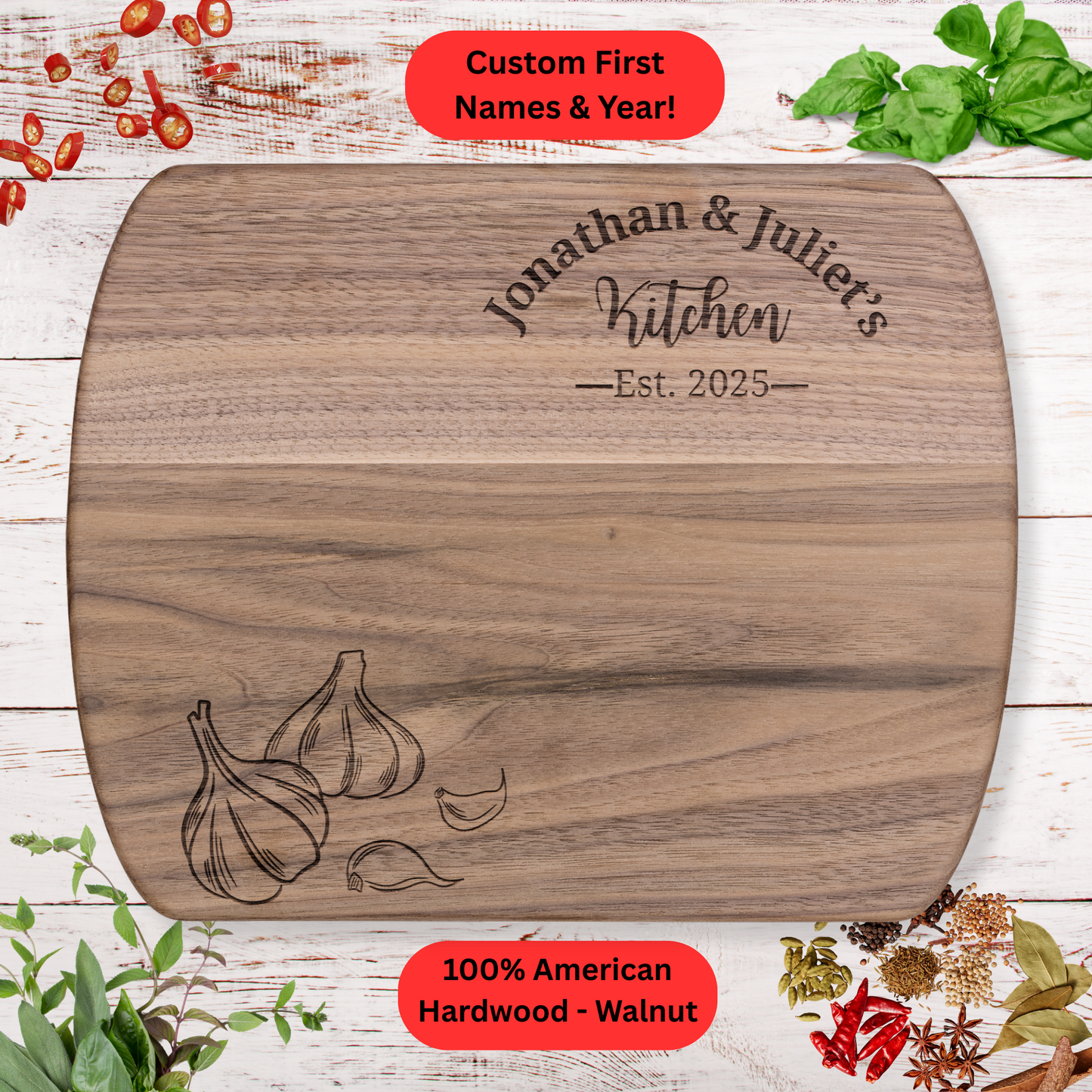 Personalized Couples Cutting Board. Custom Names and Year. Walnut or Maple – Wedding, Anniversary, Housewarming or Valentine's Day Gift