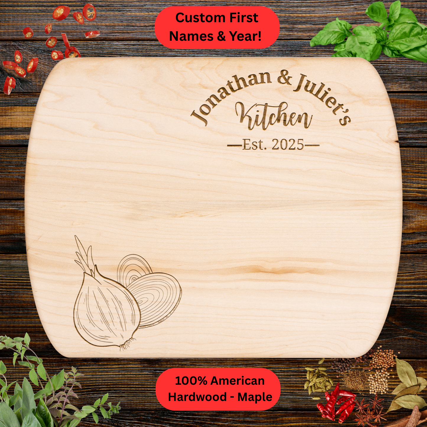Personalized Couples Cutting Board. Custom Names and Year. Walnut or Maple – Wedding, Anniversary, Housewarming or Valentine's Day Gift.