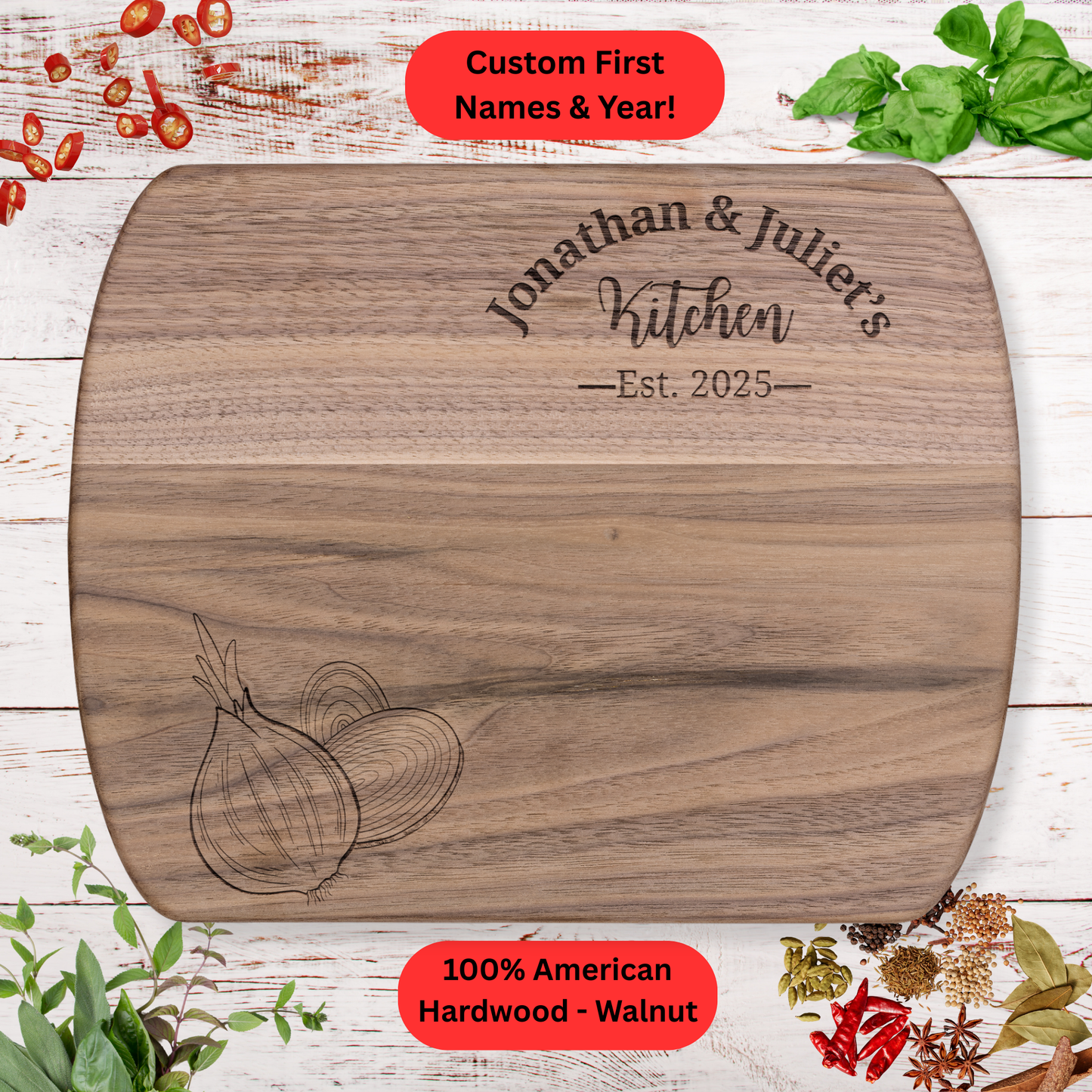 Personalized Couples Cutting Board. Custom Names and Year. Walnut or Maple – Wedding, Anniversary, Housewarming or Valentine's Day Gift.