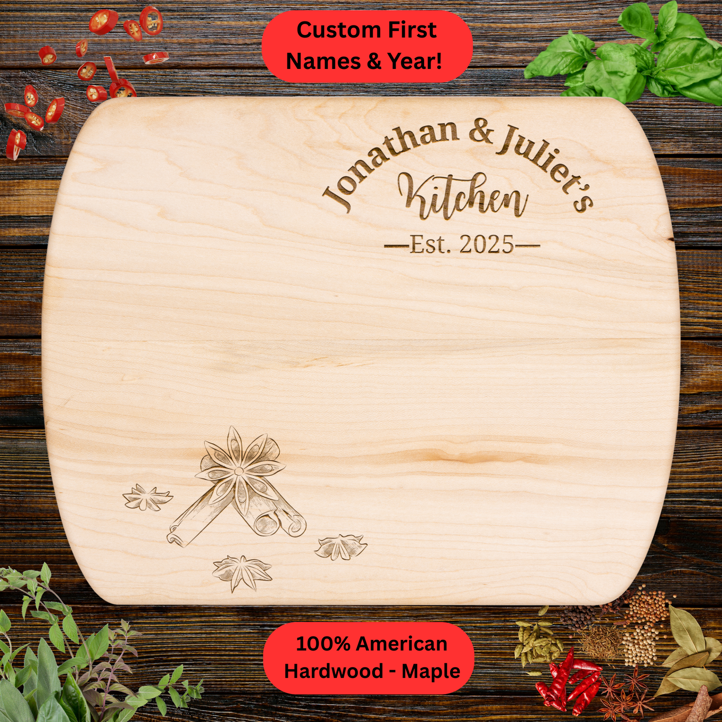 Personalized Couples Cutting Board. Custom Names and Year. Walnut or Maple. Wedding, Anniversary, Housewarming or Valentine's Day Gift