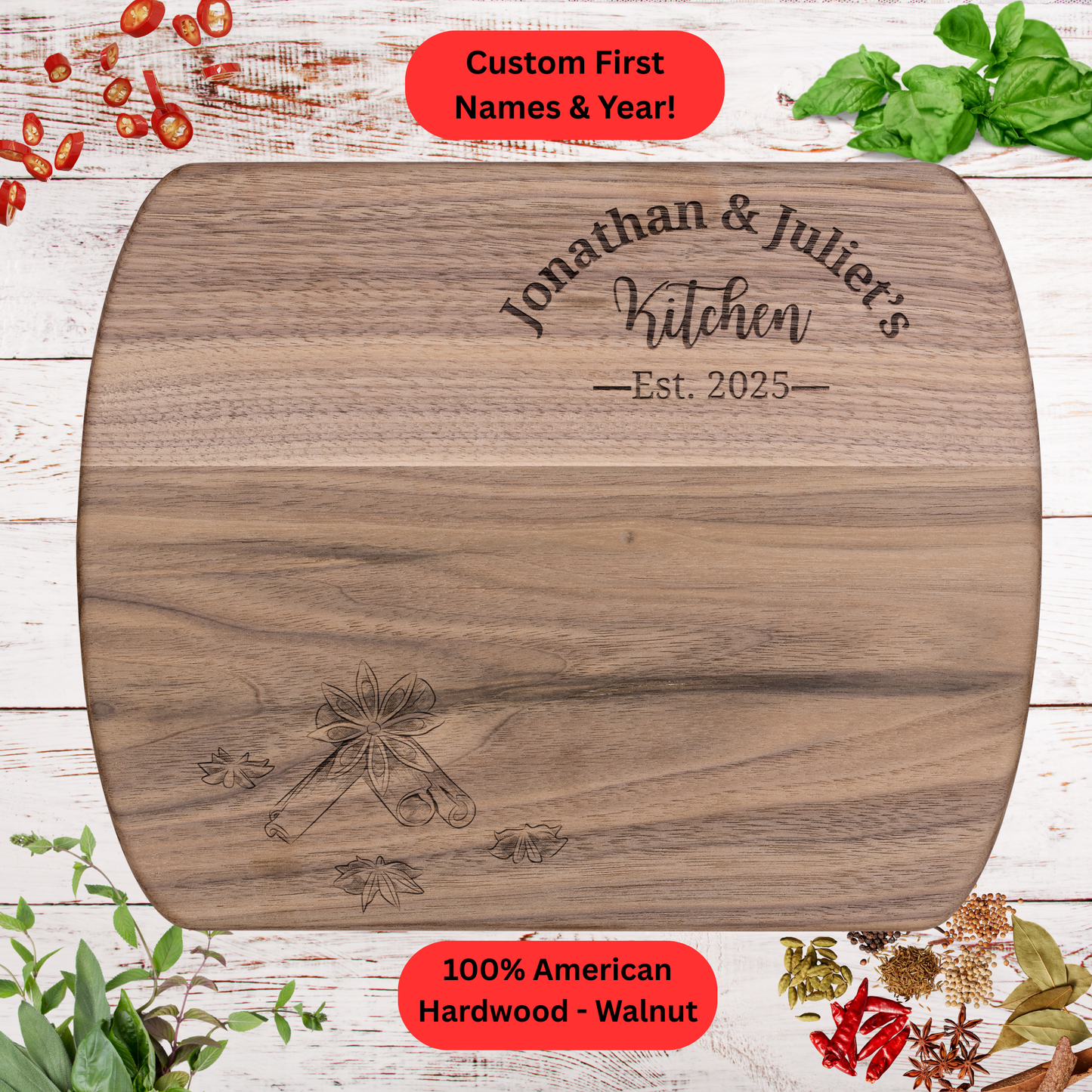 Personalized Couples Cutting Board. Custom Names and Year. Walnut or Maple. Wedding, Anniversary, Housewarming or Valentine's Day Gift