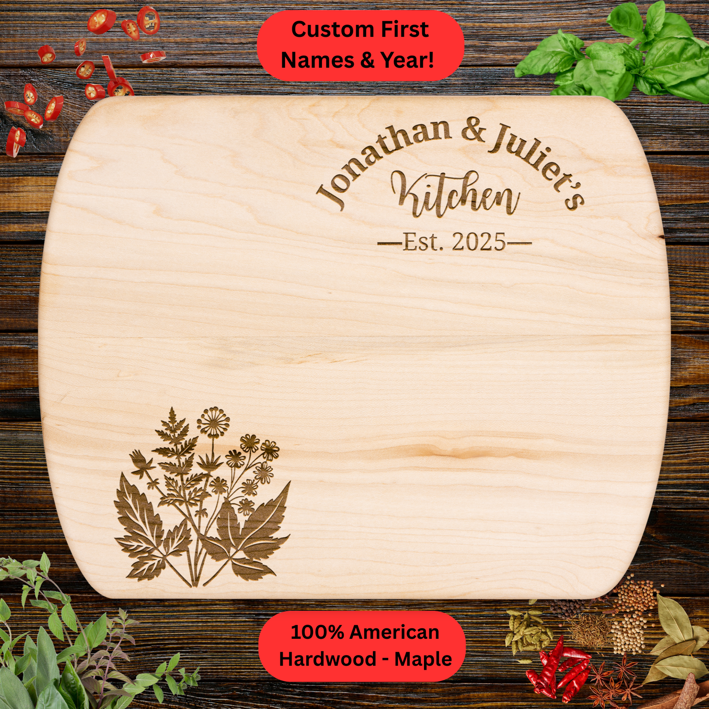 Personalized Couples Cutting Board. Custom Names and Year. Walnut or Maple. Wedding, Housewarming, Anniversary or Valentine's Day Gift