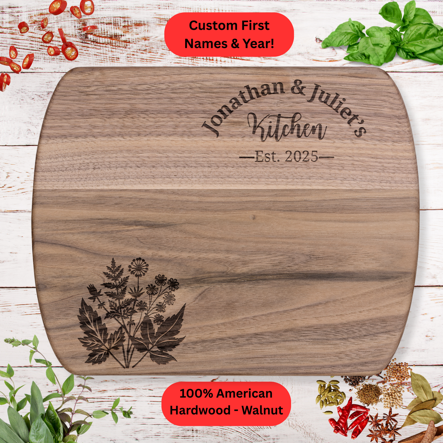 Personalized Couples Cutting Board. Custom Names and Year. Walnut or Maple. Wedding, Housewarming, Anniversary or Valentine's Day Gift
