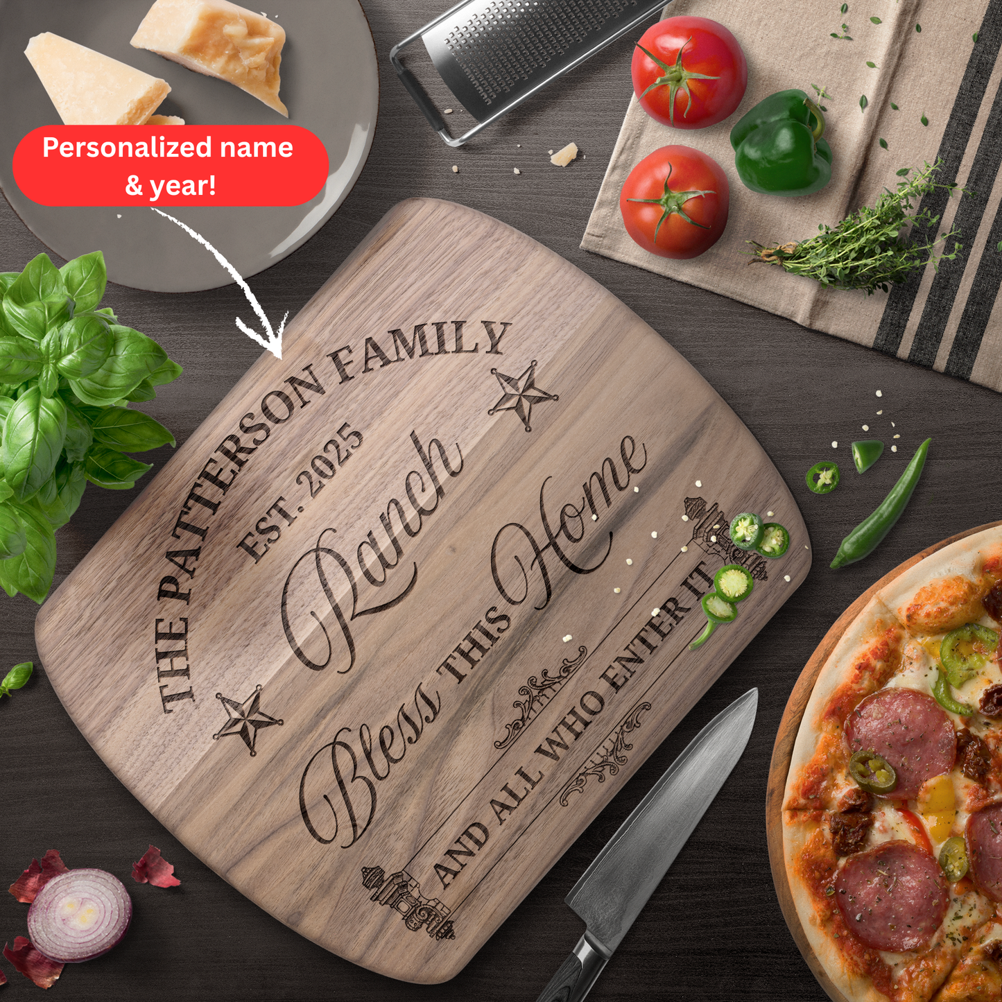 Personalized Family Ranch Cutting Board. Custom Name and Year. Rustic Farmhouse Kitchen Gift