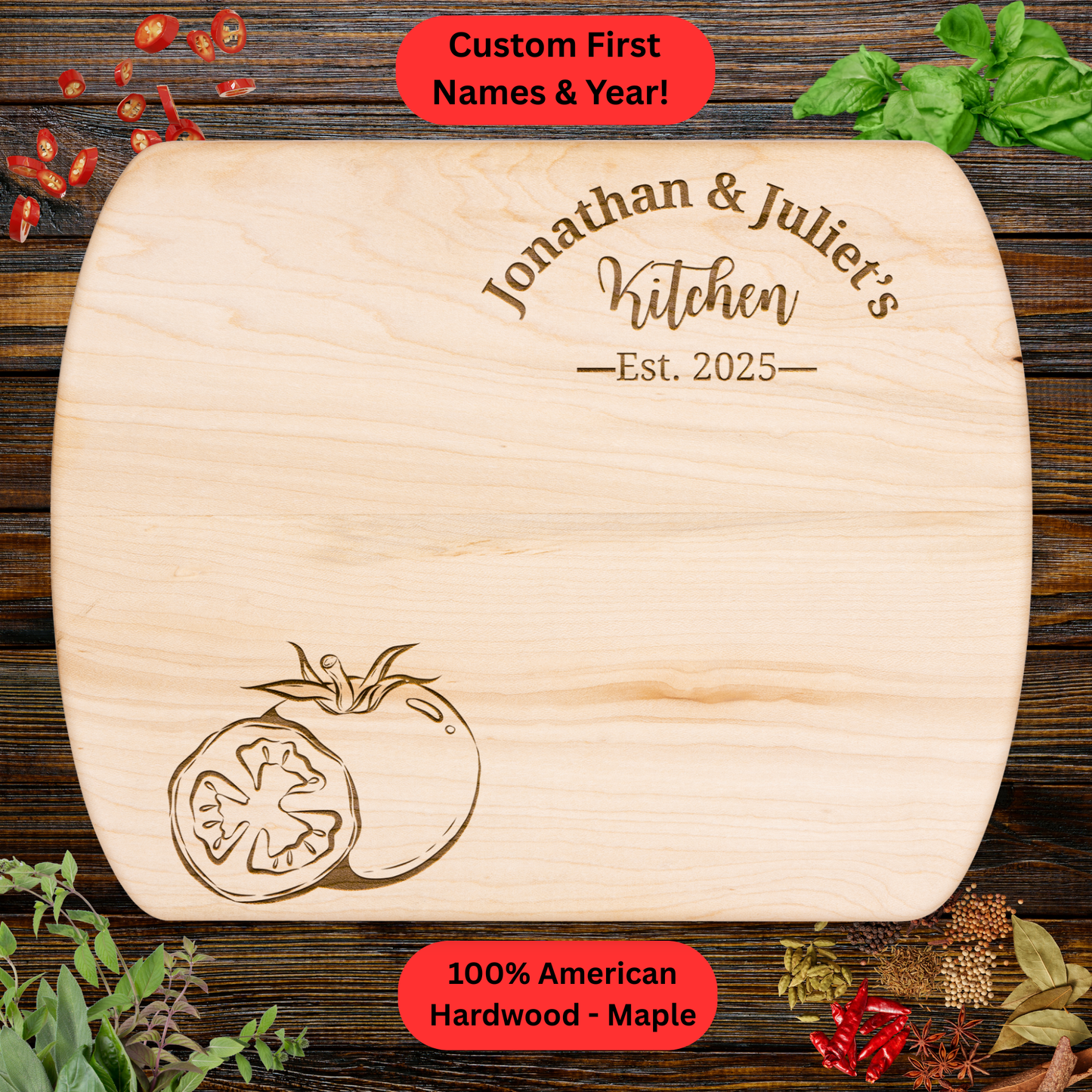 Personalized Couples Cutting Board. Custom Names and Year. Walnut or Maple. Wedding, Housewarming, Anniversary or Valentine's Day Gift