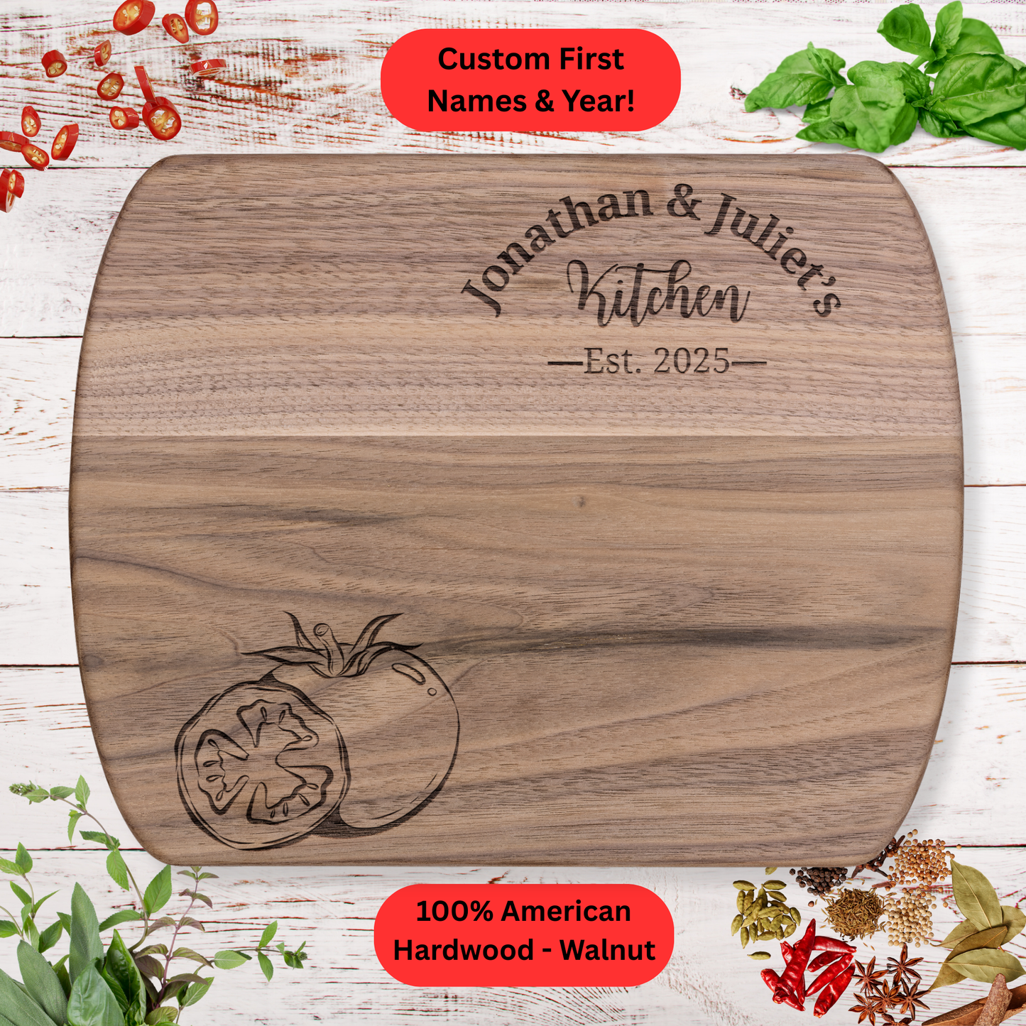 Personalized Couples Cutting Board. Custom Names and Year. Walnut or Maple. Wedding, Housewarming, Anniversary or Valentine's Day Gift