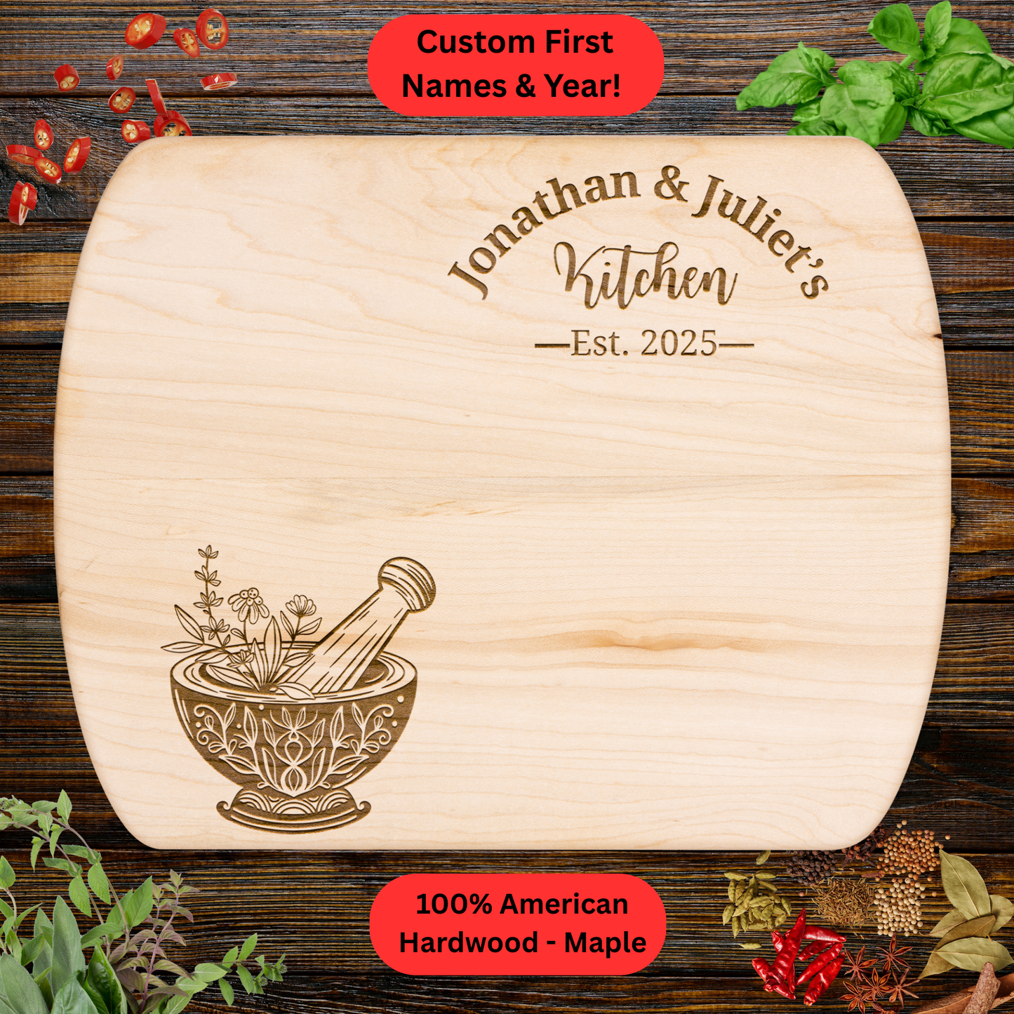 Personalized Couples Cutting Board . Custom Names and Year. Walnut or Maple. Wedding, Anniversary, Housewarming or Valentine's Day Gift