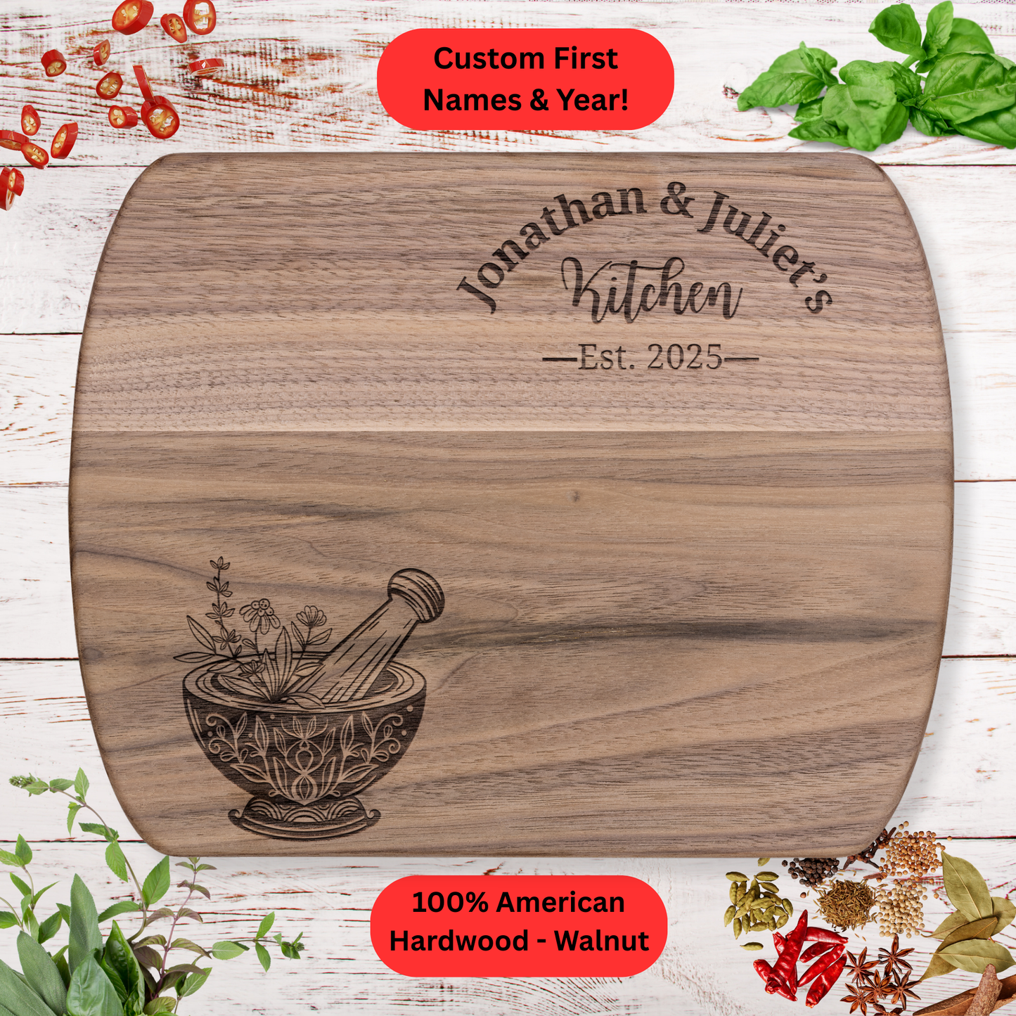 Personalized Couples Cutting Board . Custom Names and Year. Walnut or Maple. Wedding, Anniversary, Housewarming or Valentine's Day Gift