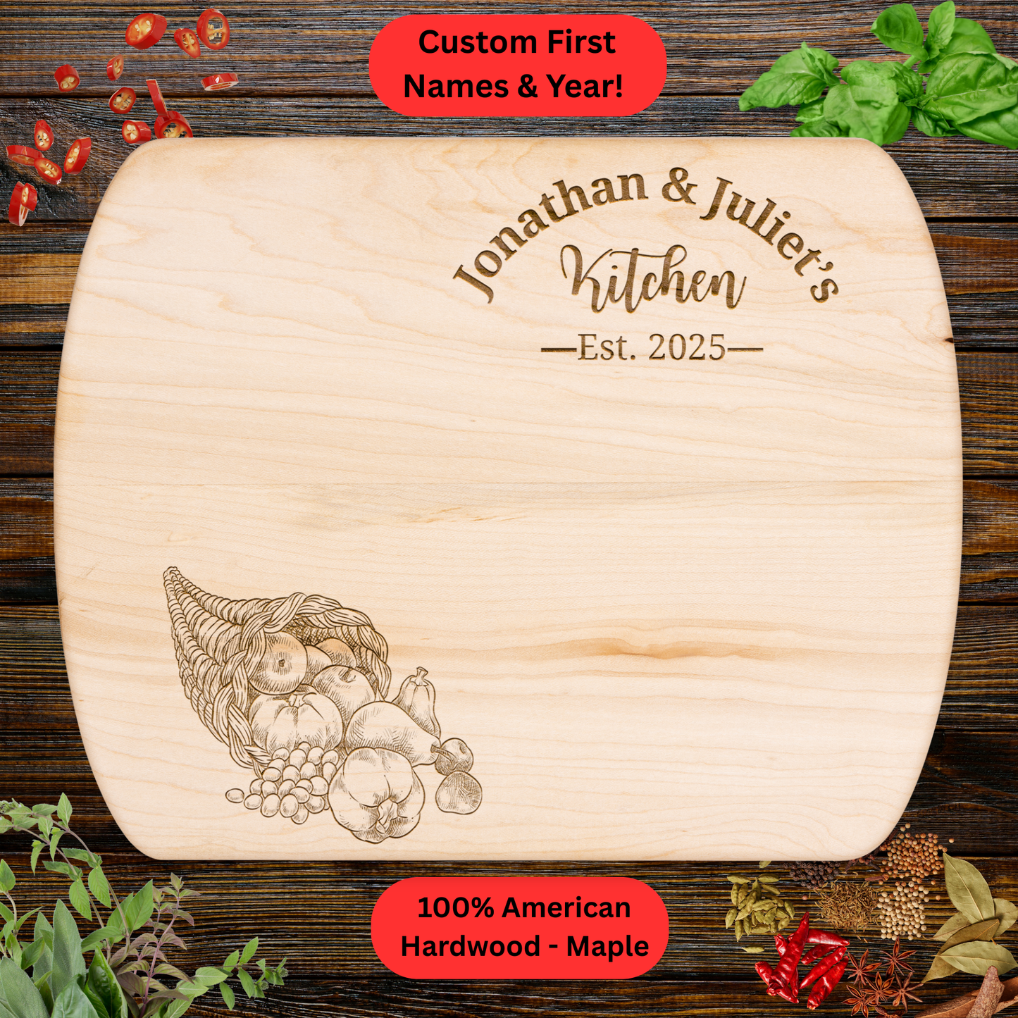 Personalized Couples Cutting Board. Custom Names and Year. Walnut or Maple. Wedding, Anniversary, Housewarming or Valentine's Day Gift