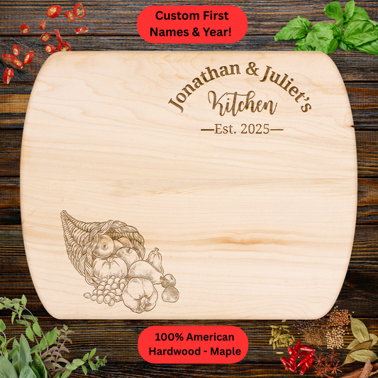 Personalized Couples Cutting Board. Custom Names and Year. Walnut or Maple. Wedding, Anniversary, Housewarming or Valentine's Day Gift