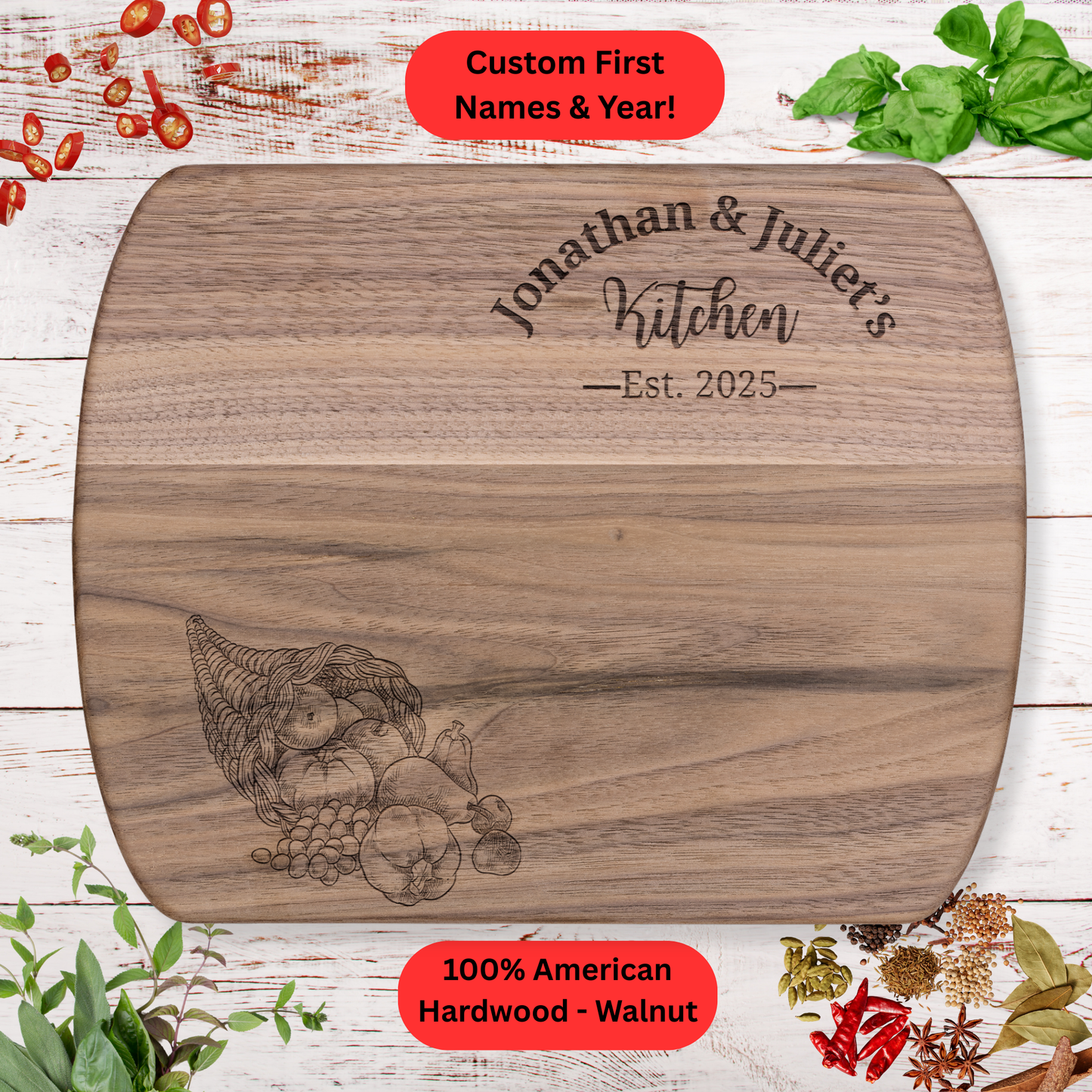 Personalized Couples Cutting Board. Custom Names and Year. Walnut or Maple. Wedding, Anniversary, Housewarming or Valentine's Day Gift