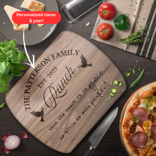 Personalized Ranch Cutting Board. Custom Family Name and Year with Peace Doves. Farmhouse Kitchen Gift