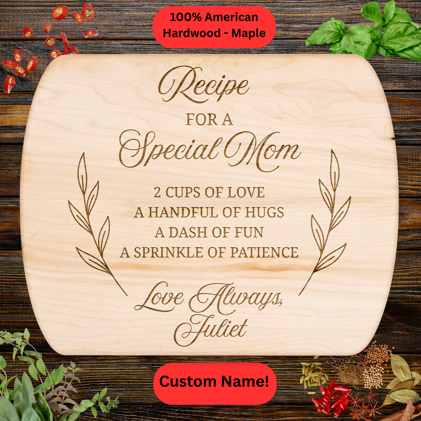 Personalized Recipe Mom Cutting Board. Custom Mother’s Day Gift from Kids, Engraved Hardwood Kitchen Keepsake.