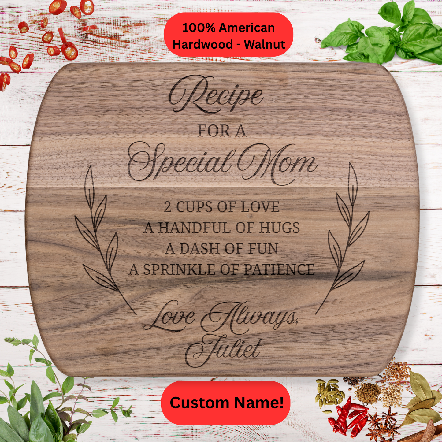 Personalized Recipe Mom Cutting Board. Custom Mother’s Day Gift from Kids, Engraved Hardwood Kitchen Keepsake.