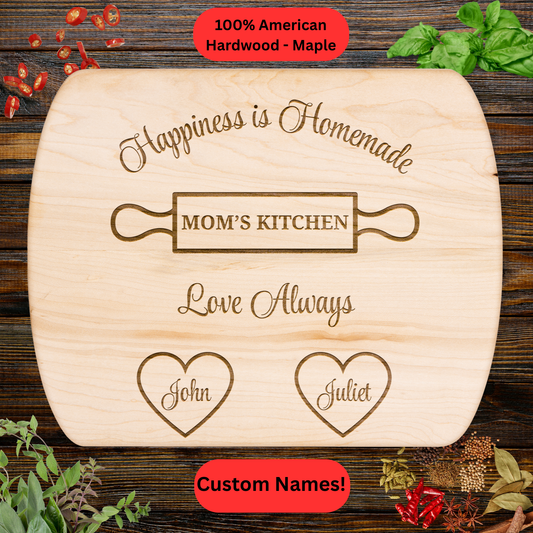 Personalized Mom’s Kitchen Cutting Board. Custom Mother’s Day Gift from Kids. Engraved Wooden Board with Hearts
