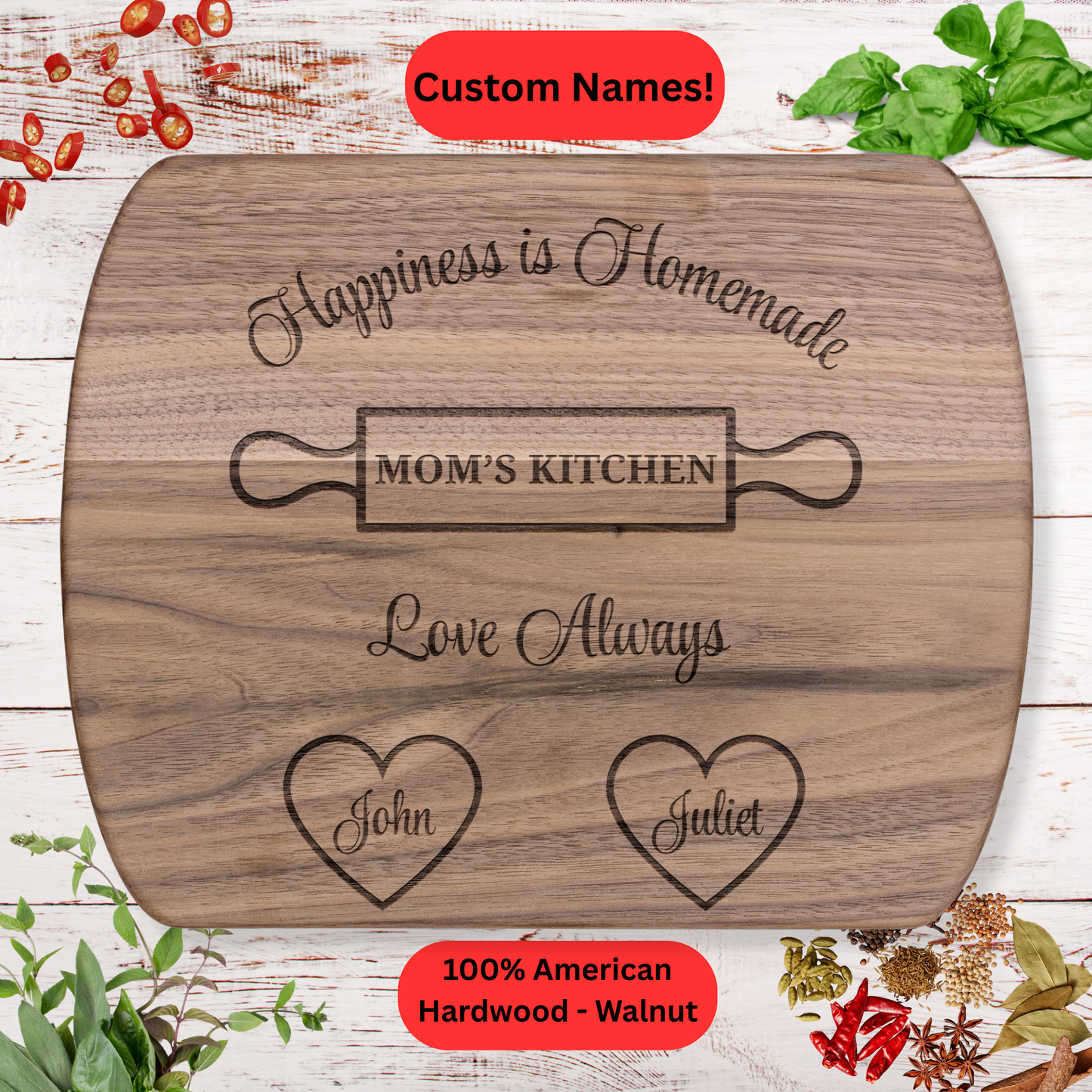 Personalized Mom’s Kitchen Cutting Board. Custom Mother’s Day Gift from Kids. Engraved Wooden Board with Hearts