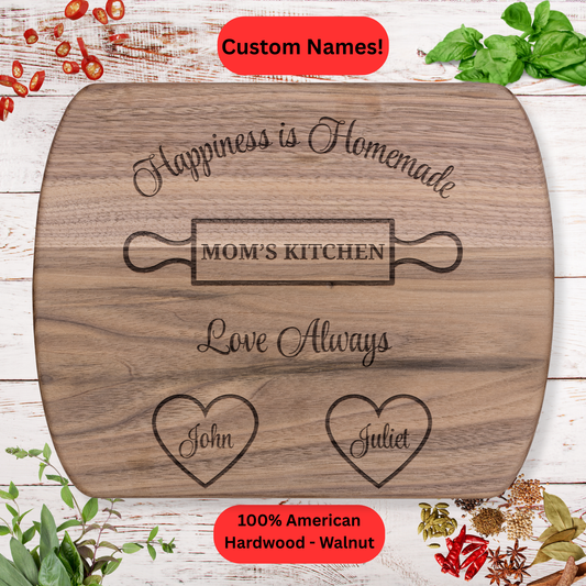 Personalized Mom’s Kitchen Cutting Board. Custom Mother’s Day Gift from Kids. Engraved Wooden Board with Hearts