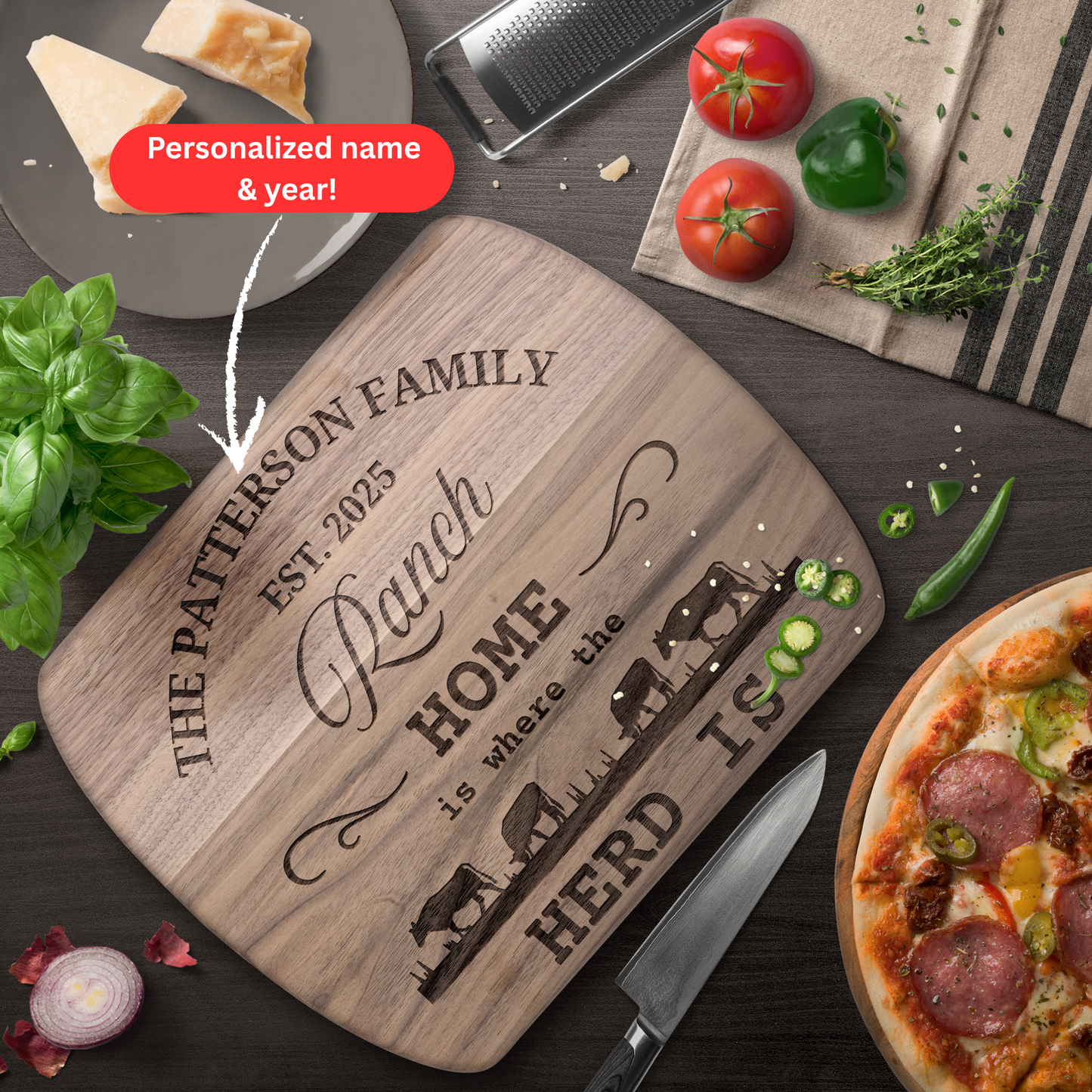 Personalized Ranch Cutting Board. Custom Family Name and Year with Cattle Design. Rustic Farmhouse Gift. Ranch Family Gift