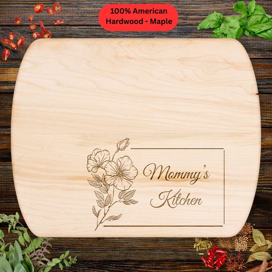 Mom's Engraved Cutting Board with Flower Design. Mother’s Day Gift for Mom. Wooden Kitchen Décor. Maple or Walnut