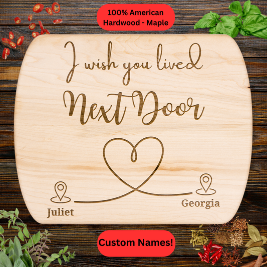 Personalized  Hardwood Cutting Board. Long Distance Friendship or Family Gift. Custom Names. Maple or Walnut