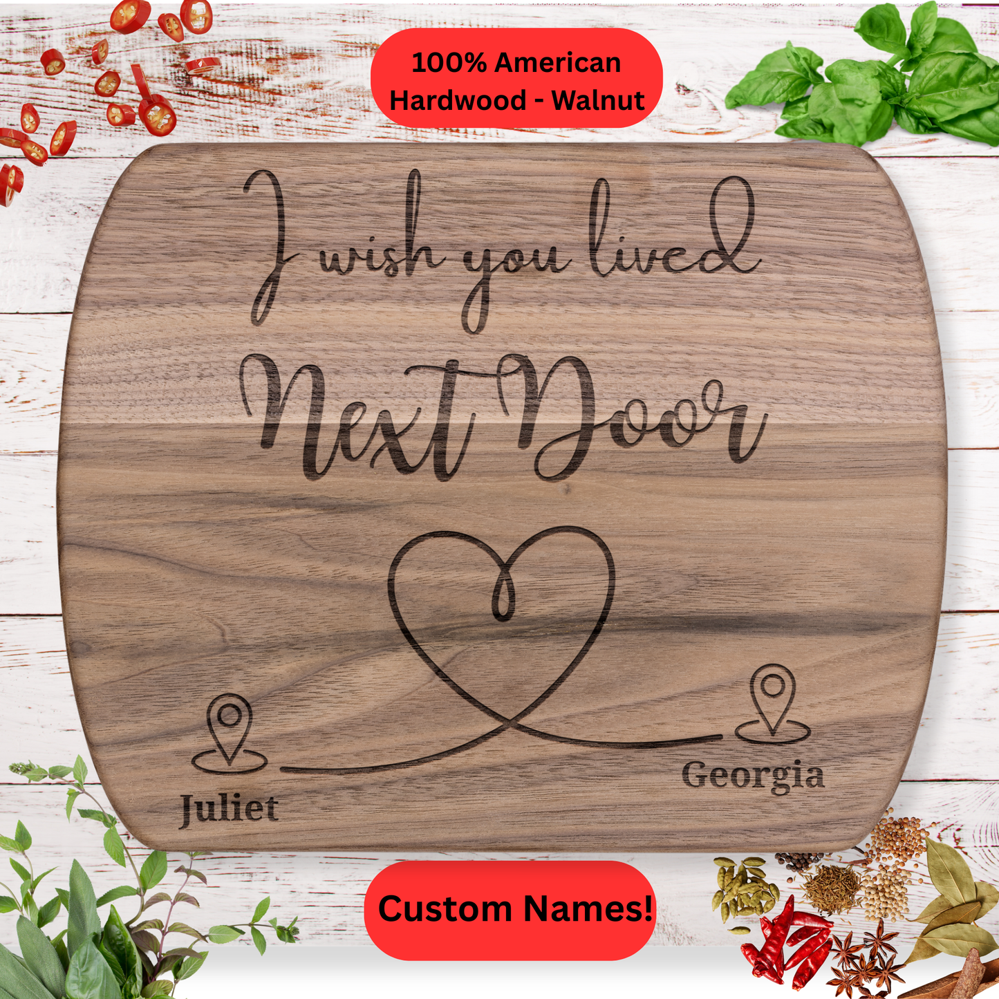 Personalized  Hardwood Cutting Board. Long Distance Friendship or Family Gift. Custom Names. Maple or Walnut