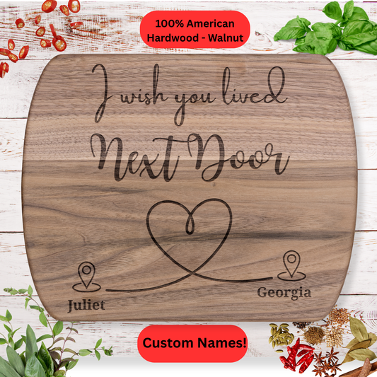 Personalized  Hardwood Cutting Board. Long Distance Friendship or Family Gift. Custom Names. Maple or Walnut