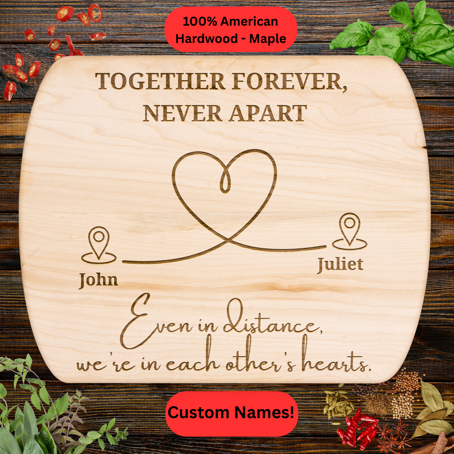 Personalized Cutting Board. Long Distance Gift. Custom Names. Maple or Walnut.
