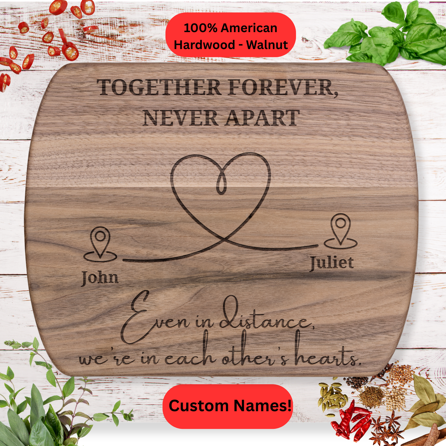 Personalized Cutting Board. Long Distance Gift. Custom Names. Maple or Walnut.