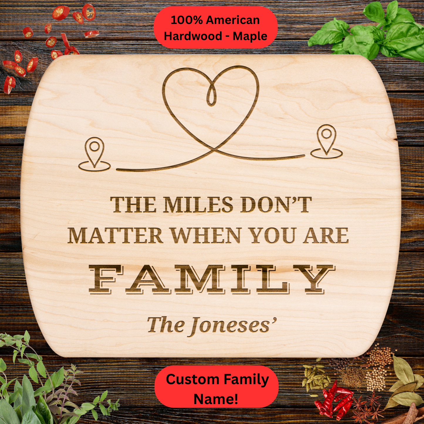 Personalized Cutting Board. Custom Family Name. Long Distance Family Gift. Maple or Walnut
