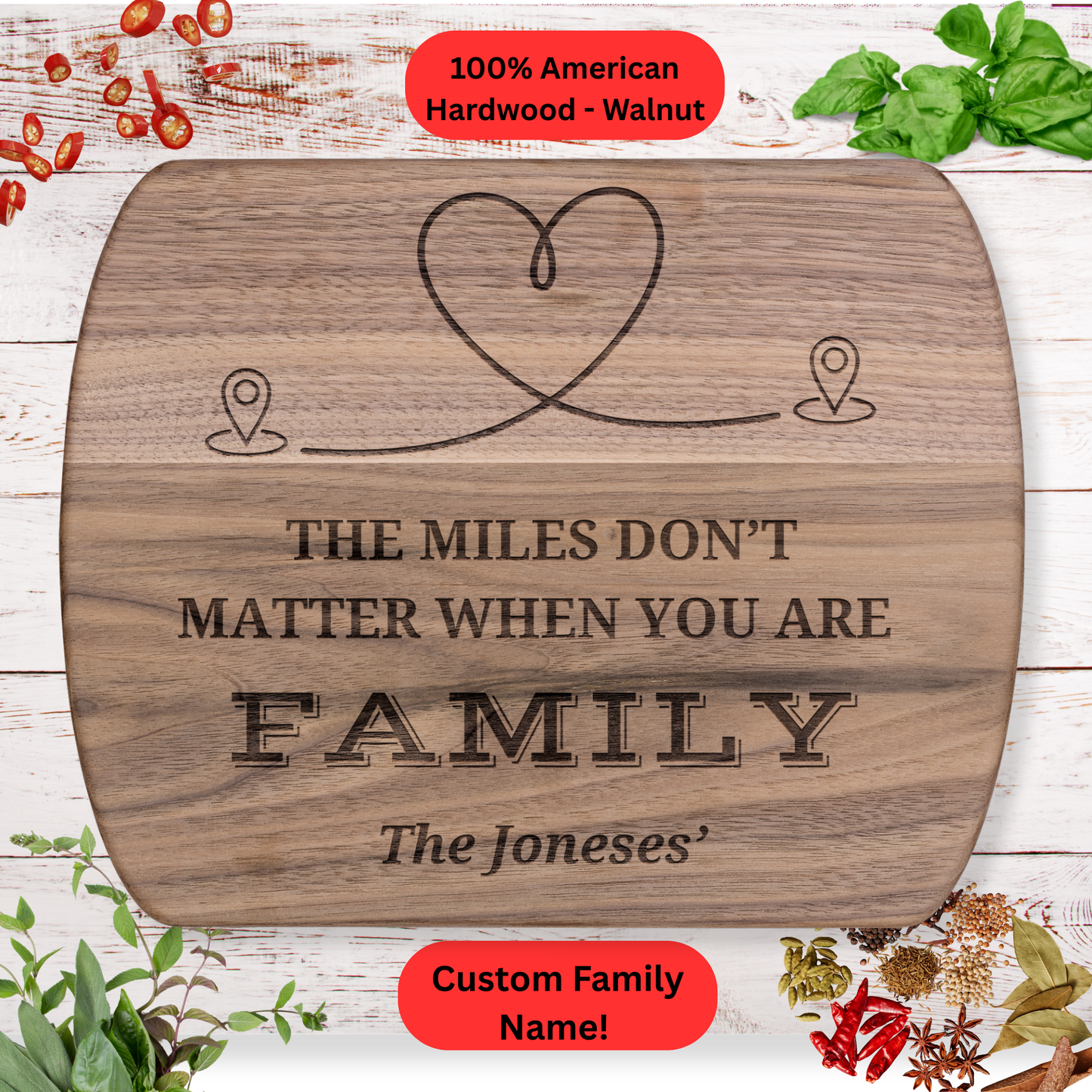 Personalized Cutting Board. Custom Family Name. Long Distance Family Gift. Maple or Walnut