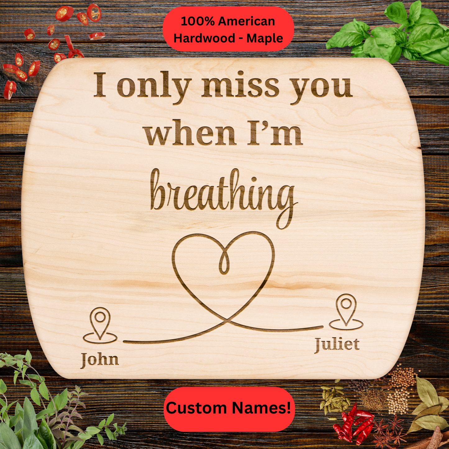 Personalized Cutting Board. Long Distance Gift. Custom Names. Maple and Walnut