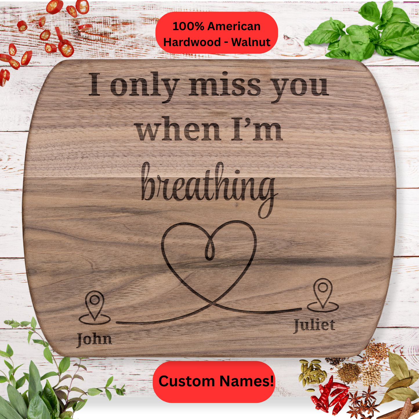 Personalized Cutting Board. Long Distance Gift. Custom Names. Maple and Walnut