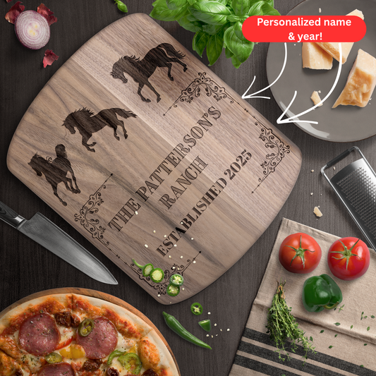 Personalized Ranch Cutting Board. Custom Family Name & Year with Horse Silhouette Design