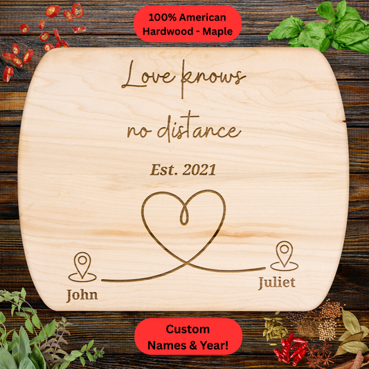 Personalized Long Distance Couple Cutting Board. Custom Names and year. Long Distance Relationship Gift. Walnut or Maple