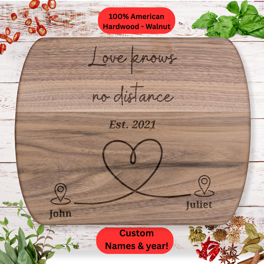 Personalized Long Distance Couple Cutting Board. Custom Names and year. Long Distance Relationship Gift. Walnut or Maple
