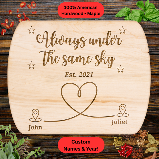 Personalized Long Distance Cutting Board. Custom Names and Year. Long Distance Couple Gift. Walnut & Maple