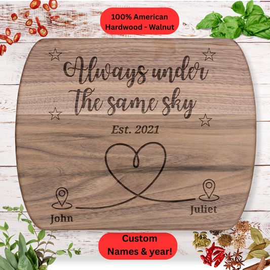 Personalized Long Distance Cutting Board. Custom Names and Year. Long Distance Couple Gift. Walnut & Maple
