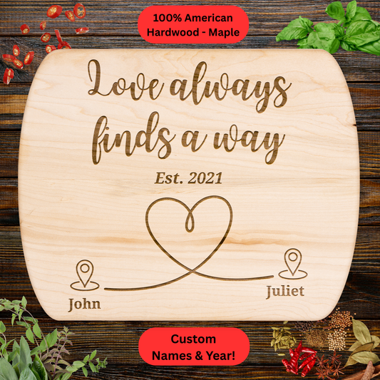 Personalized Long Distance Cutting Board. Custom Names and Year. Long Distance Relationship Gift. Maple & Walnut
