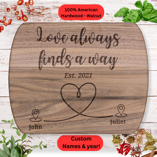 Personalized Long Distance Cutting Board. Custom Names and Year. Long Distance Relationship Gift. Maple & Walnut