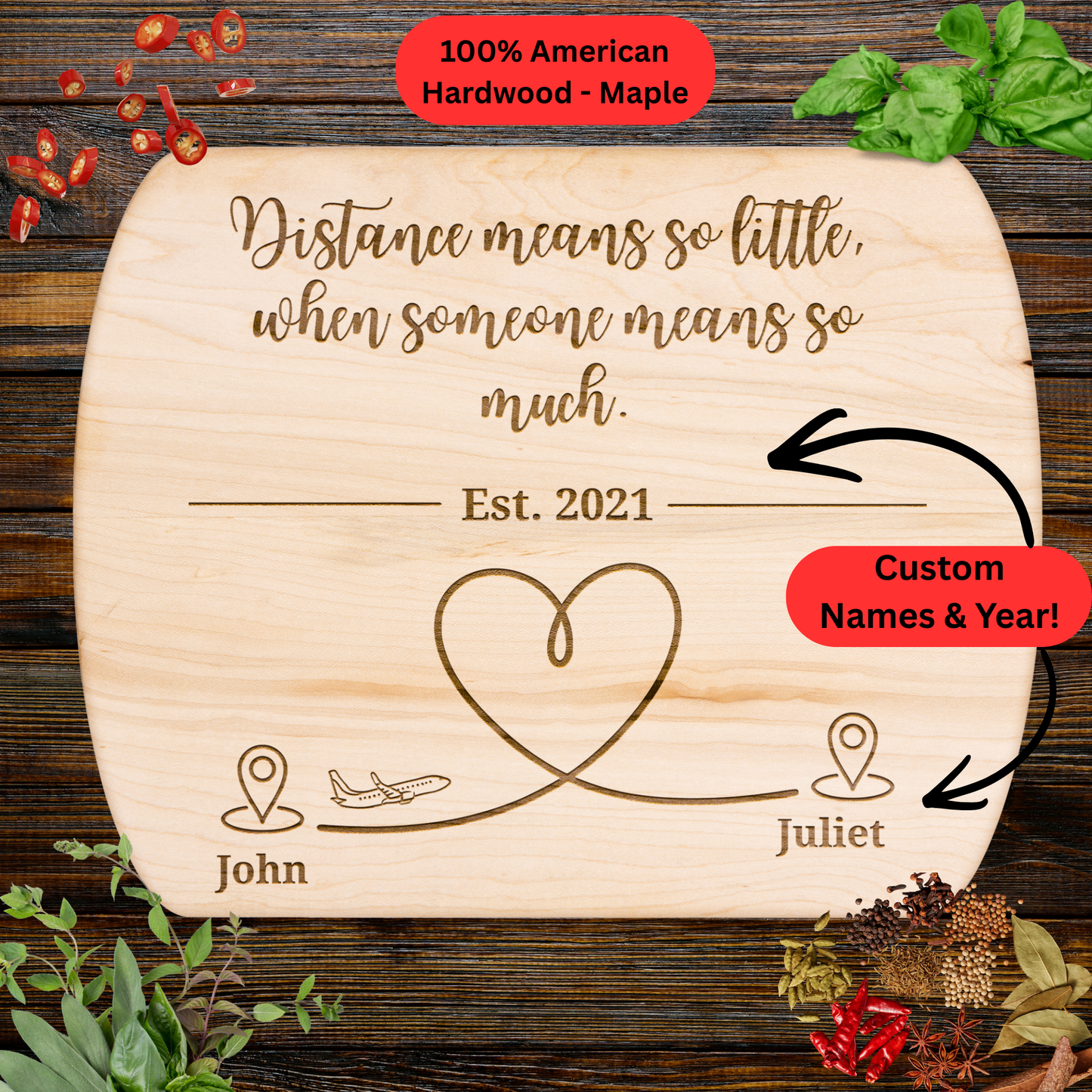 Personalized Long Distance Gift. Cutting Board. Custom Names and Year. Couples Keepsake. USA Made