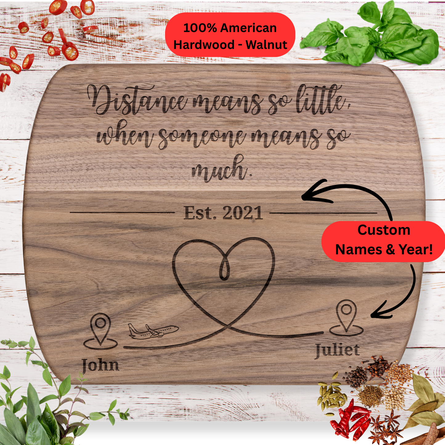 Personalized Long Distance Gift. Cutting Board. Custom Names and Year. Couples Keepsake. USA Made
