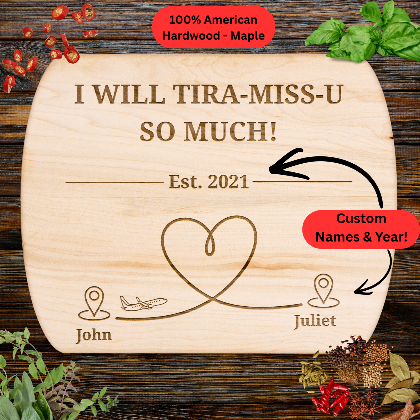 Personalized Cutting Board. Funny Long Distance Gift. Personalized Names and Year. Couples Gift. Maple or Walnut
