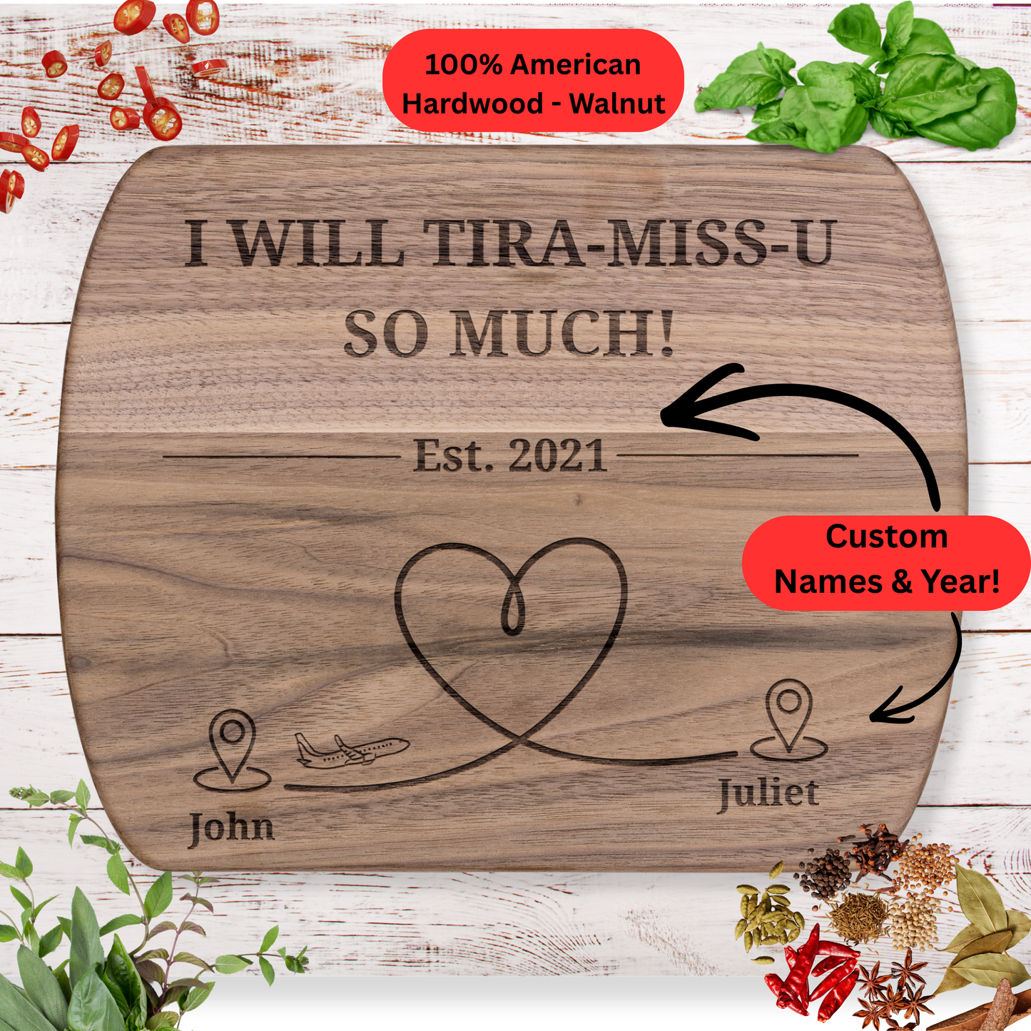 Personalized Cutting Board. Funny Long Distance Gift. Personalized Names and Year. Couples Gift. Maple or Walnut