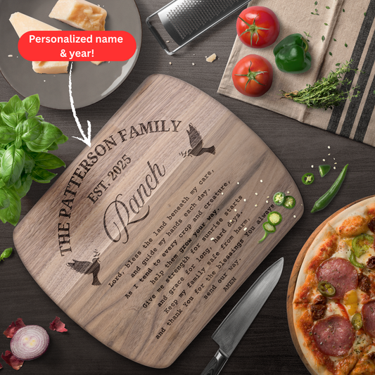 Personalized Ranch Cutting Board. Custom Family Name and Year with Ranchers Prayer. Rustic Farmhouse Gift. Ranch Family Gift. Christian Gift.