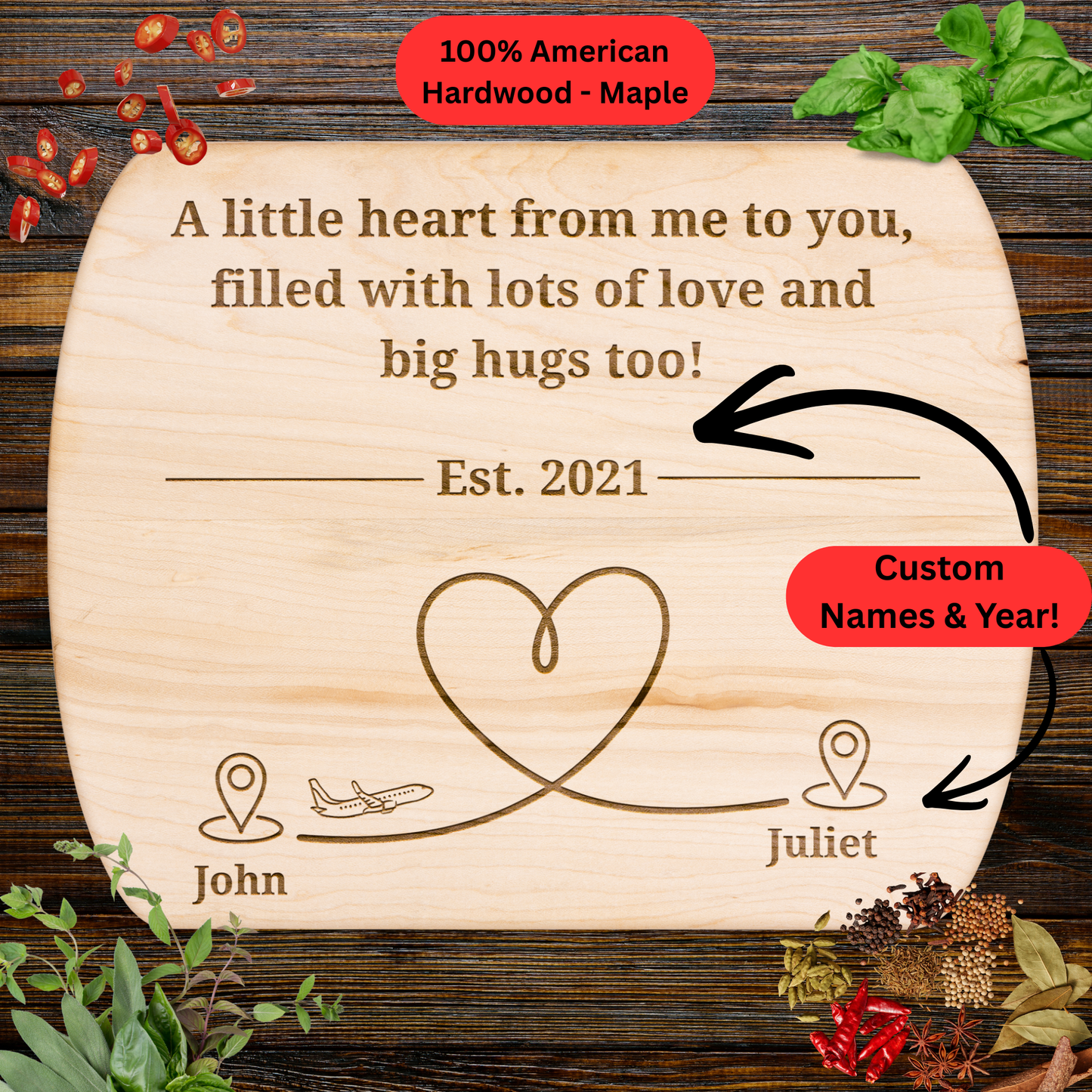 Personalized Cutting Board. Long Distance Gift for Couples, Friends or Family. Custom Names and Year.