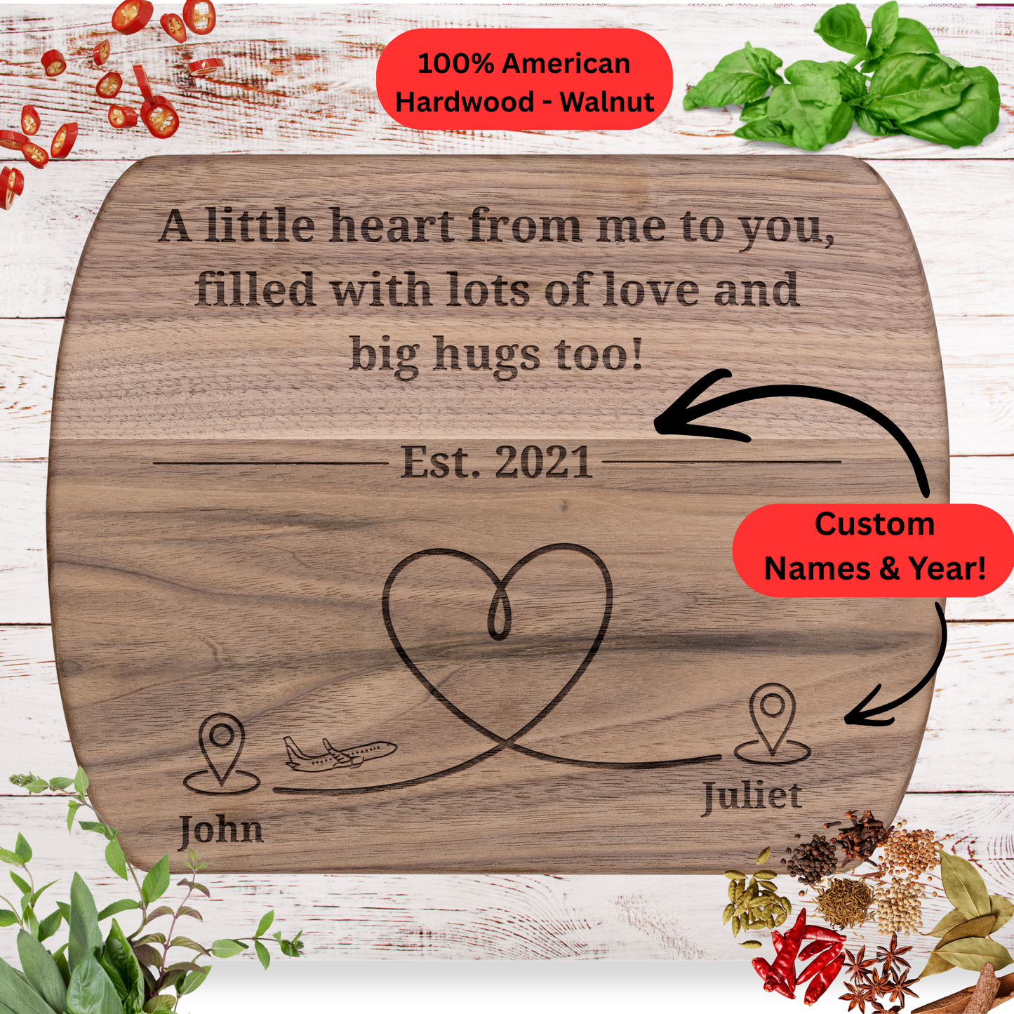 Personalized Cutting Board. Long Distance Gift for Couples, Friends or Family. Custom Names and Year.