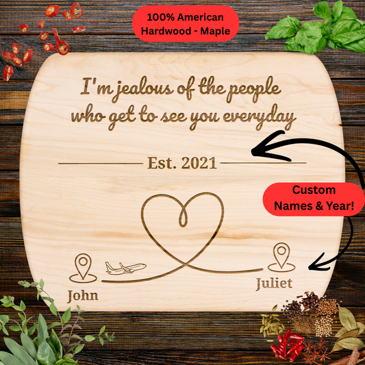 Personalized Cutting Board. Long Distance Gift. Custom Names and Year. Maple or Walnut