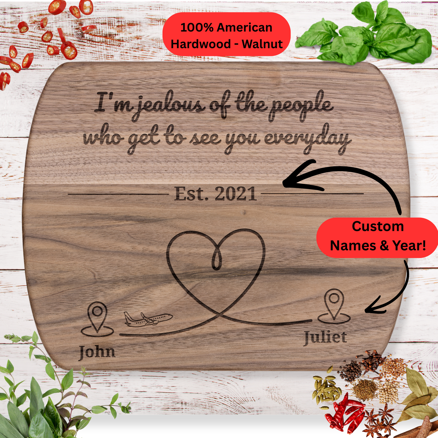 Personalized Cutting Board. Long Distance Gift. Custom Names and Year. Maple or Walnut